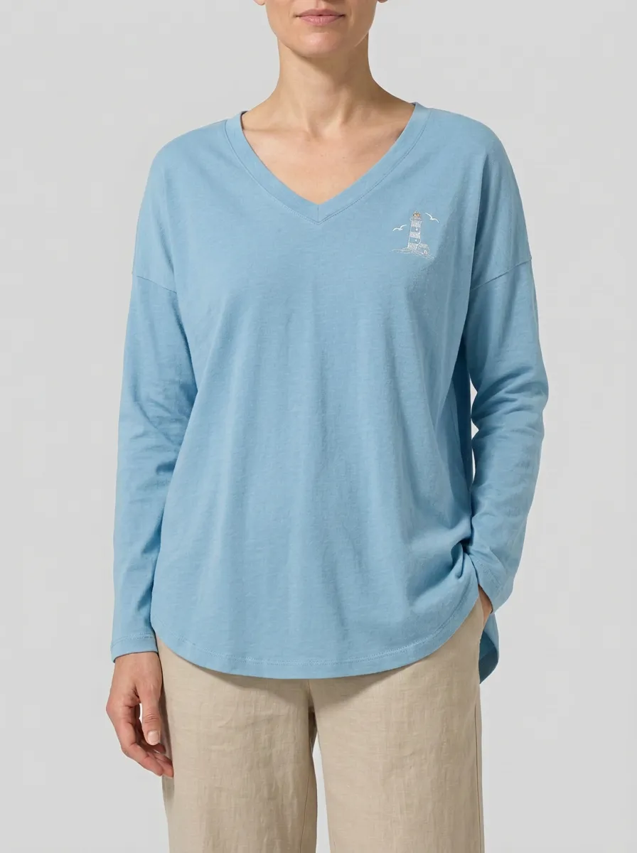 Women's Lighthouse Embroidered V-Neck Long-Sleeve T-Shirt