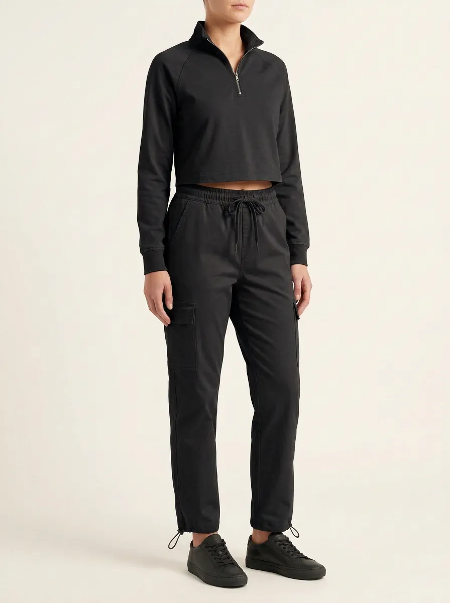 Women's Raglan Quarter-Zip Cropped Pullover and Toggle-Hem Cargo Jogger Set
