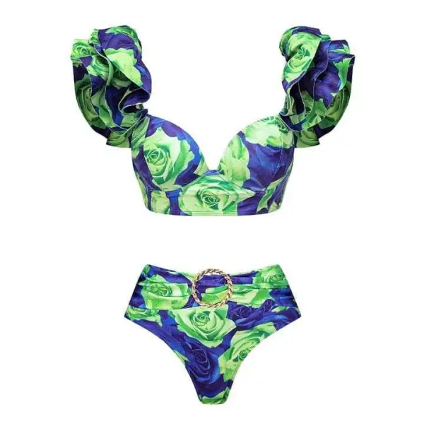 Ruffle Shoulder Two Piece Bikini Set with Skirt/pants Cover