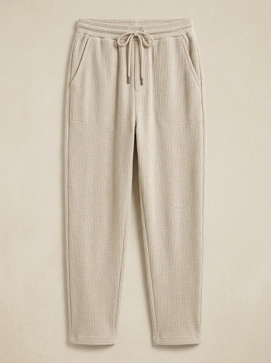 Unisex Everyday Casual Beige Waffle Knit Drawstring Jogger Pants