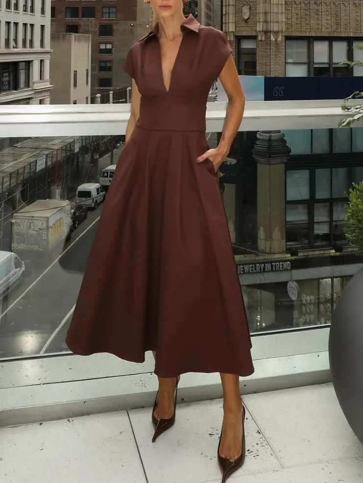 Elegant V Neck Waisted Flowing Midi Dress