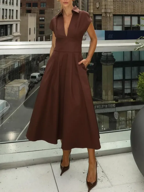 Elegant V Neck Waisted Flowing Midi Dress