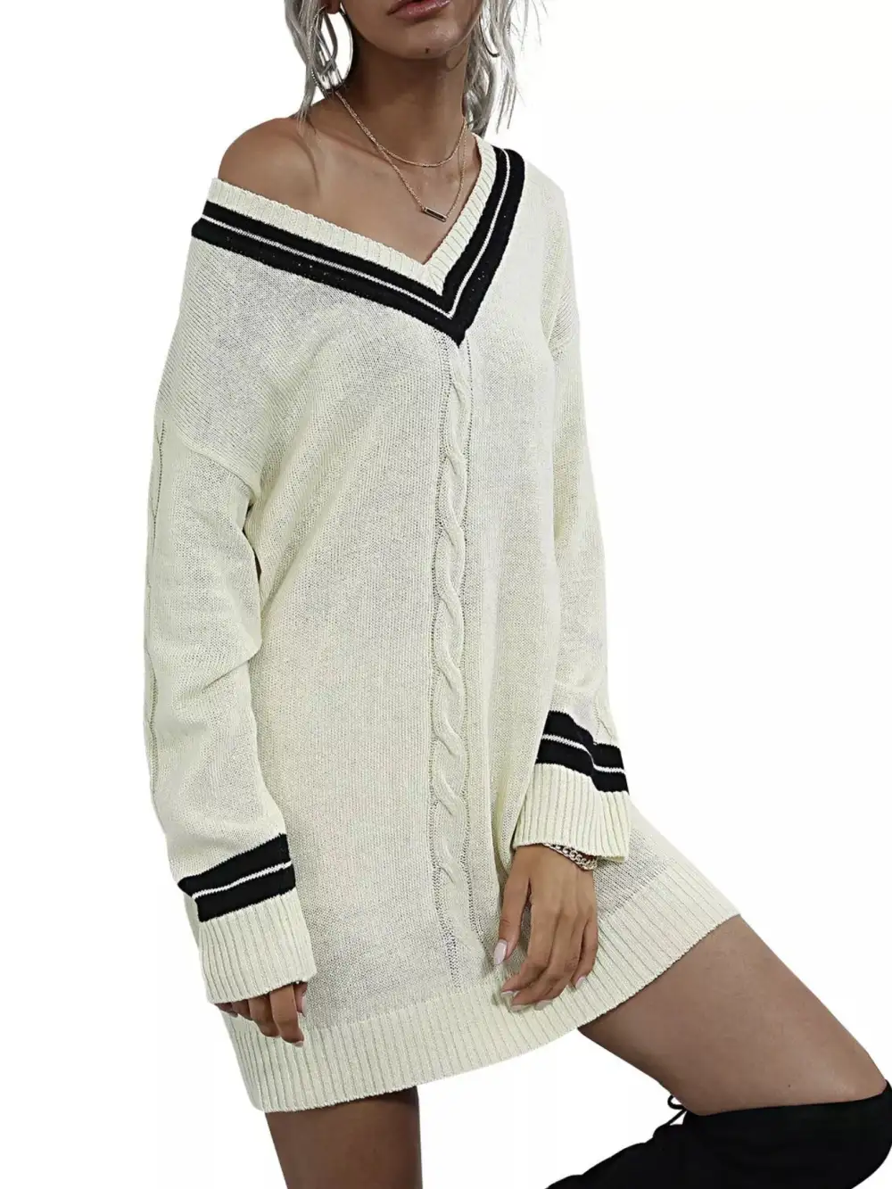 Striped Knit V Neck Sweater Dress