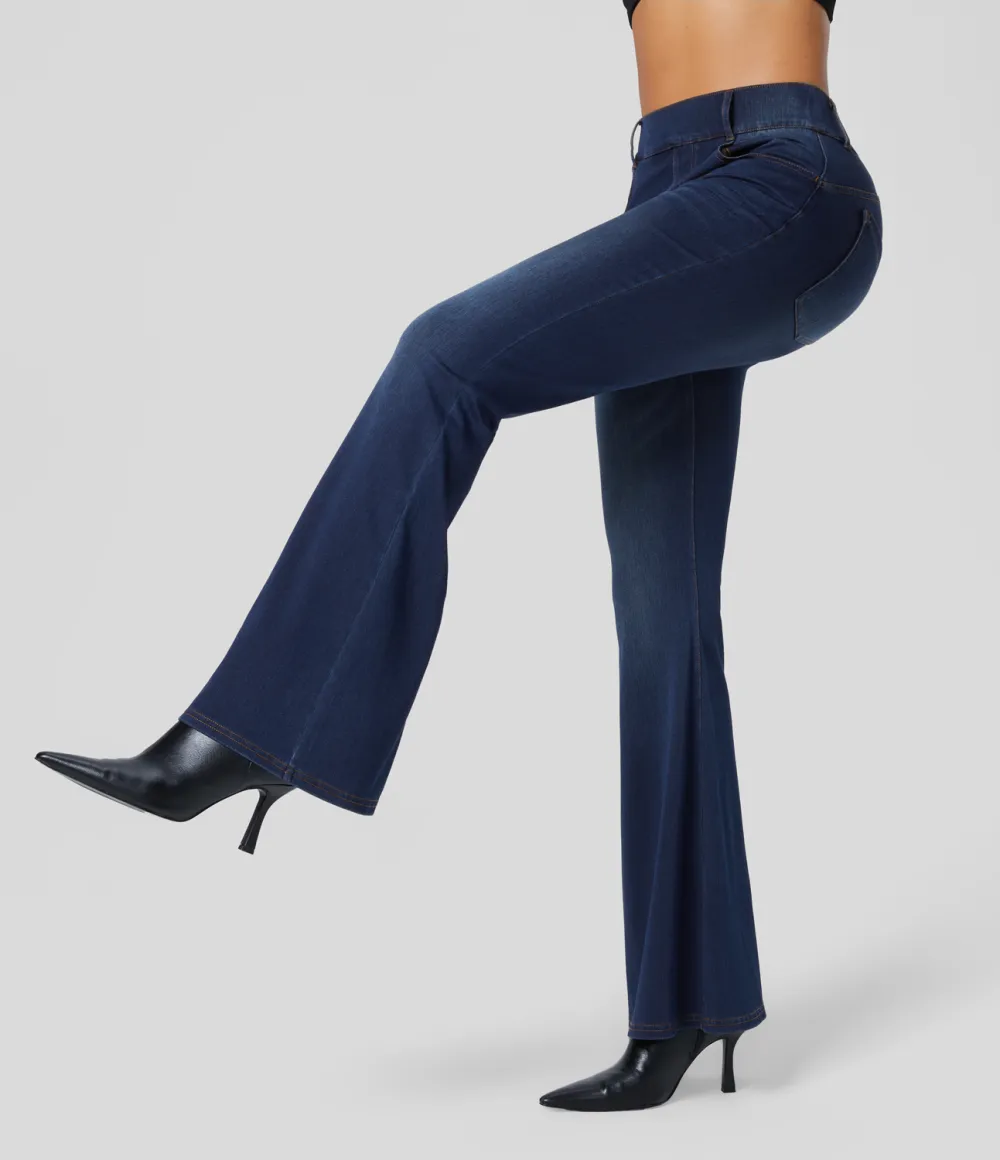 Magic High Waisted Multiple Pockets Stretchy Knit Denim Work Full Length Flare Leggings