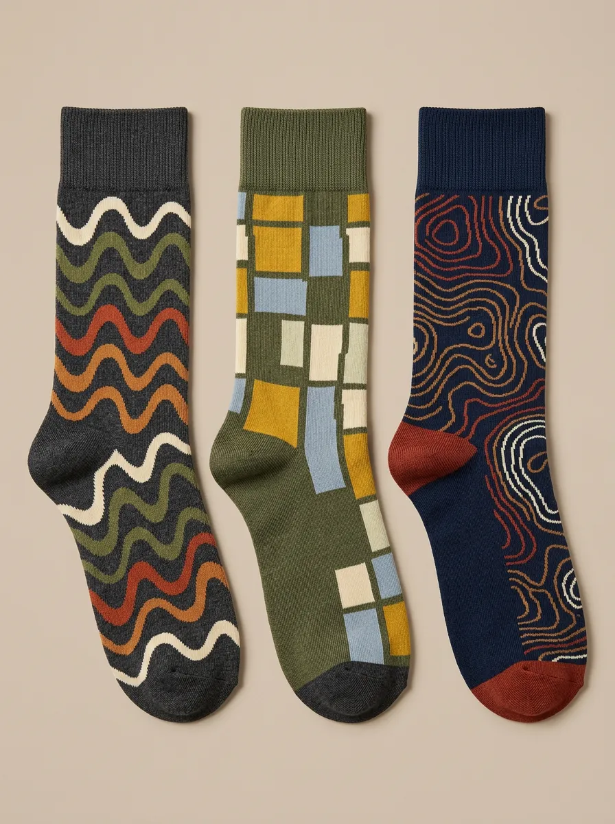 Men's Abstract Geometric Wavy Topographic Printed Three-Pack Socks