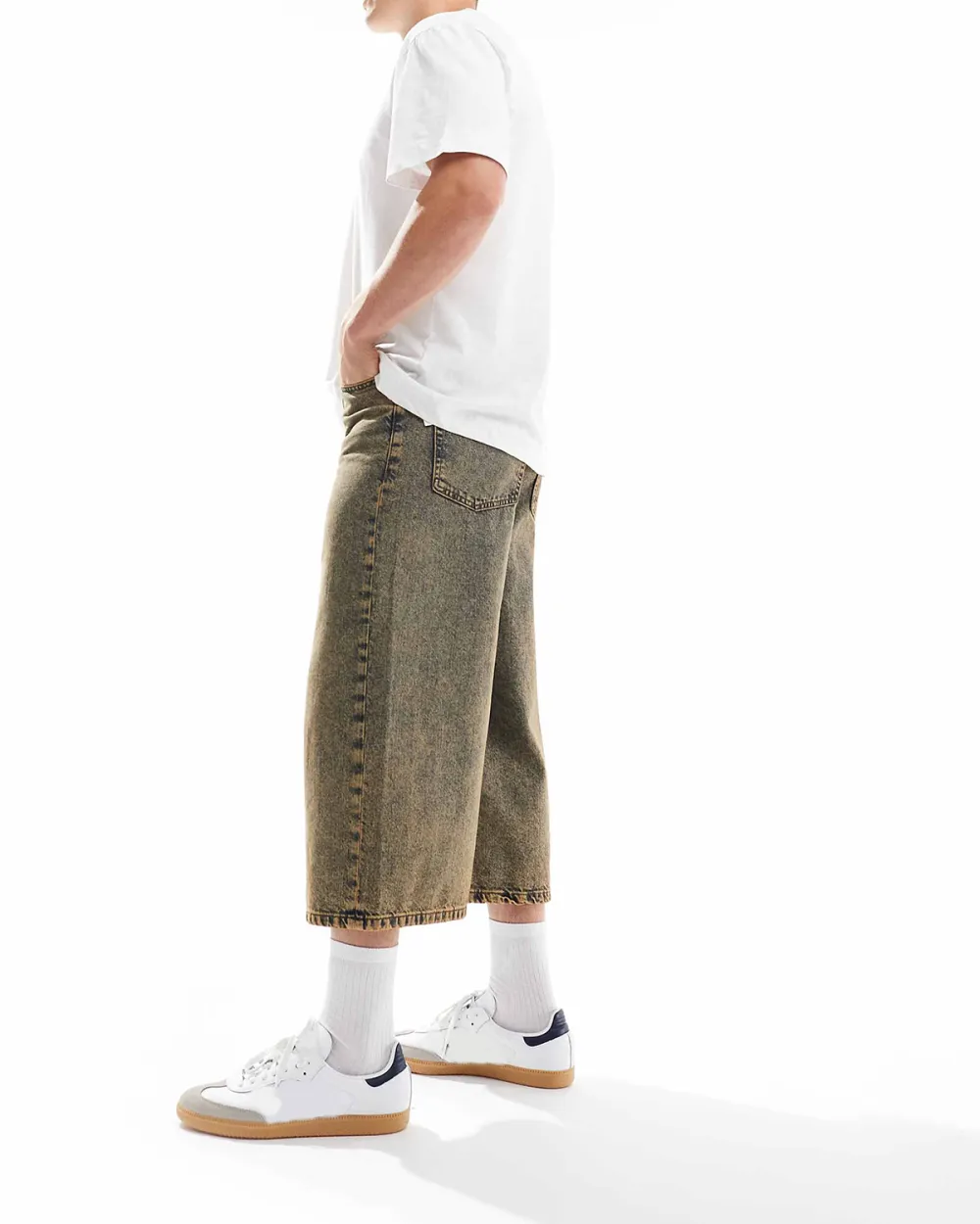 Longer Length Denim Jorts In Light Wash With Tint