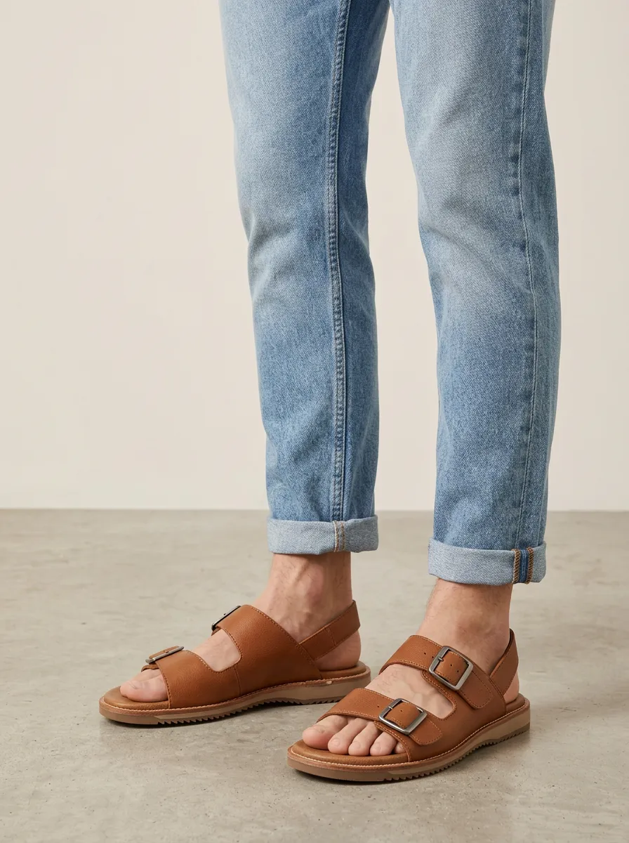 Men's Casual Brown Leather Double Buckle Printed Sandals