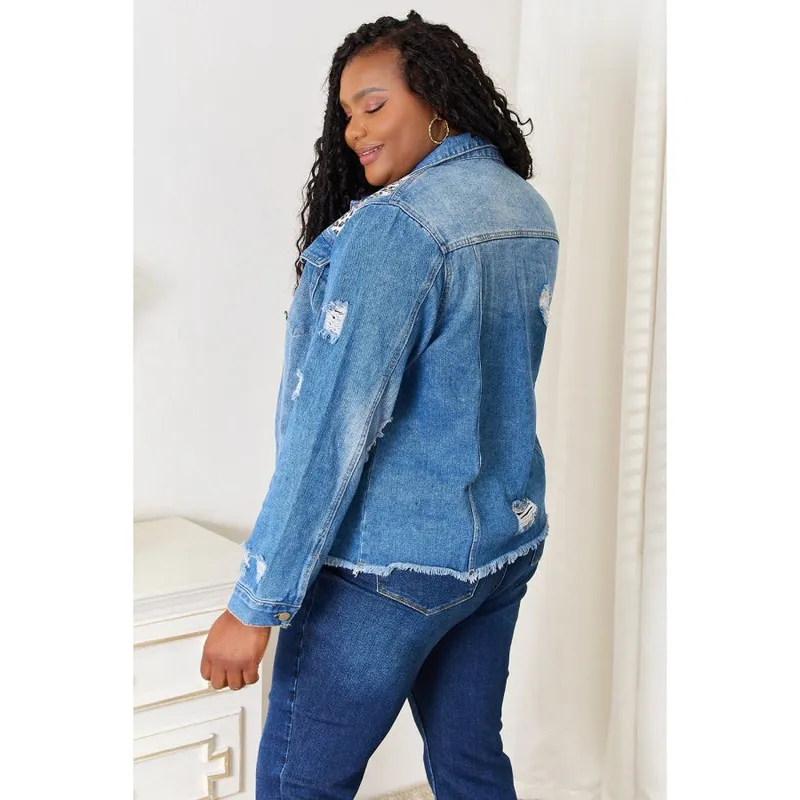 Leopard Floral Distressed Raw-Hem Denim Jacket