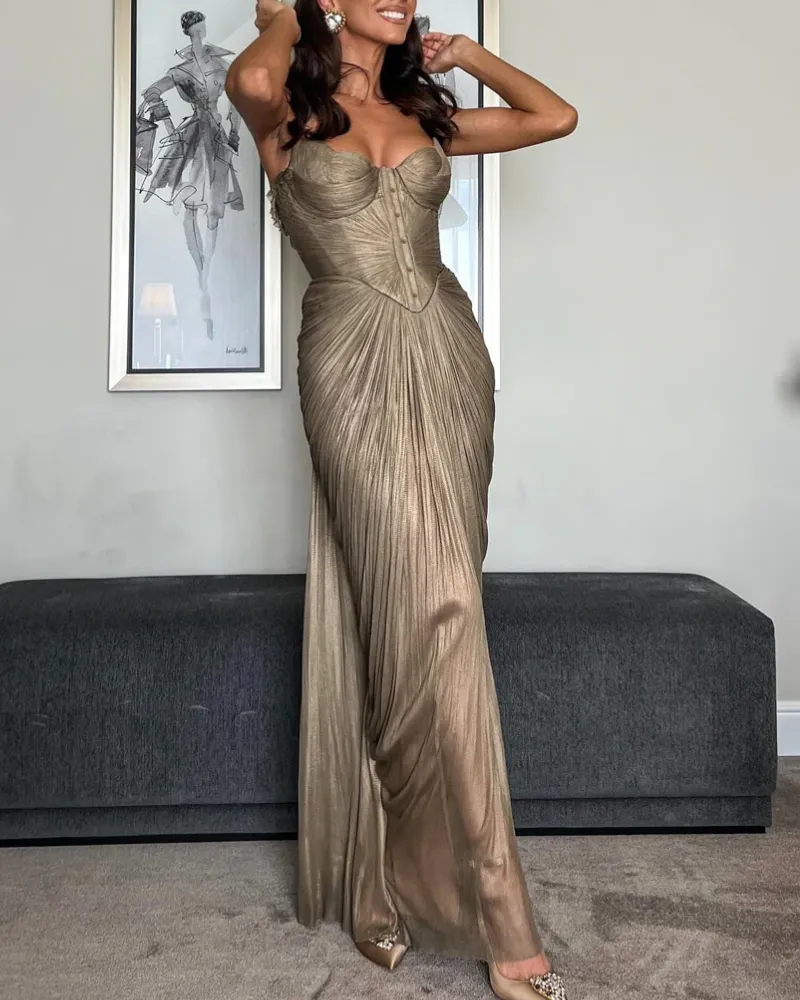 Pleated Satin Maxi Tie Detail Dress