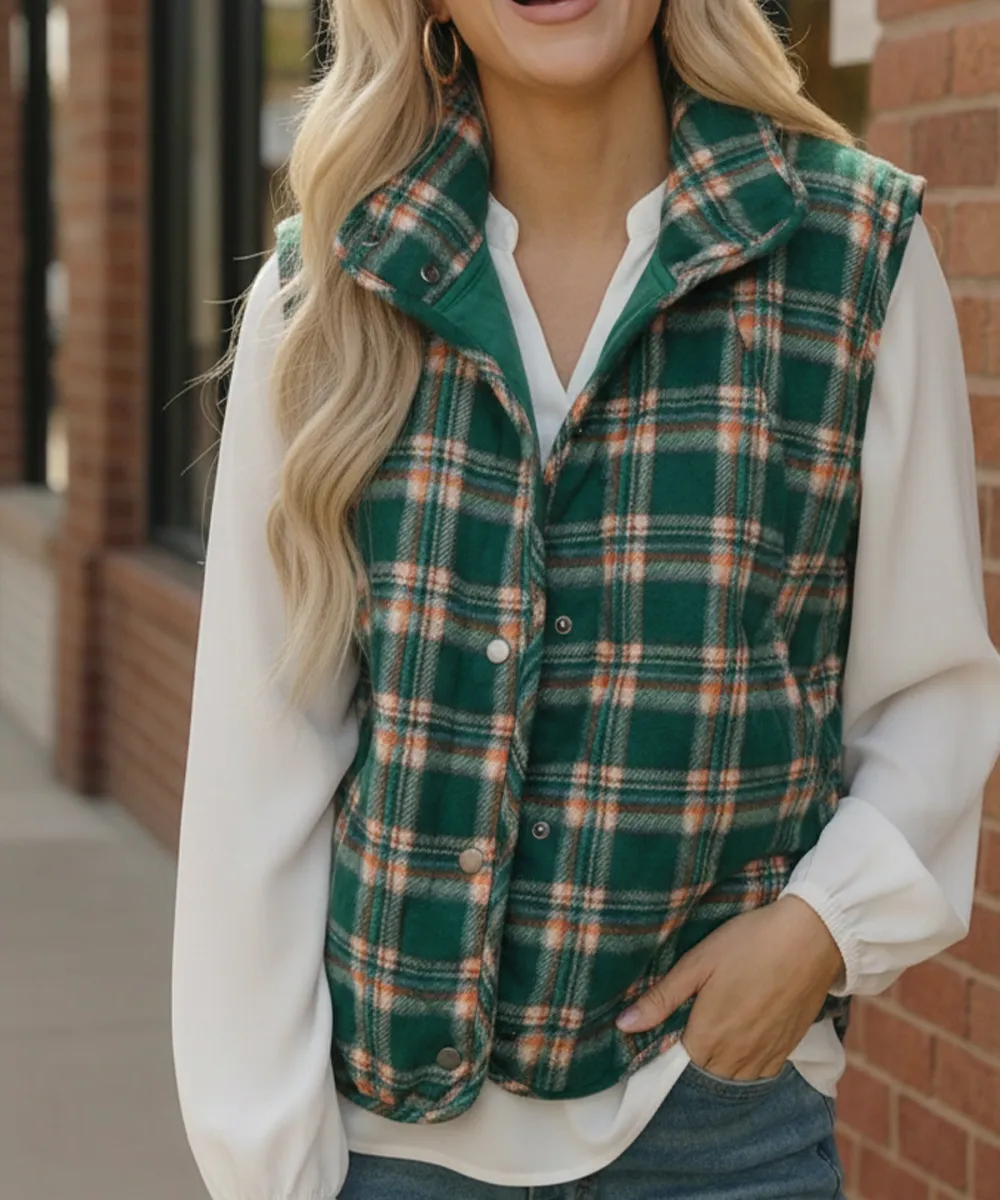 Put Together Evergreen Plaid Quilted Puffer Vest