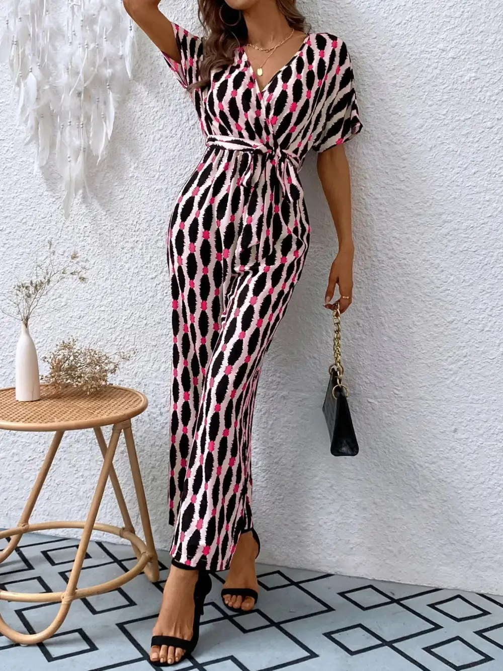 Printed Surplice Tie Waist Short Sleeve Shorts