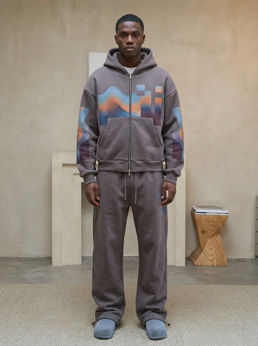 Men's Abstract Gradient Wave Printed Zip-up Hoodie Jogger Set
