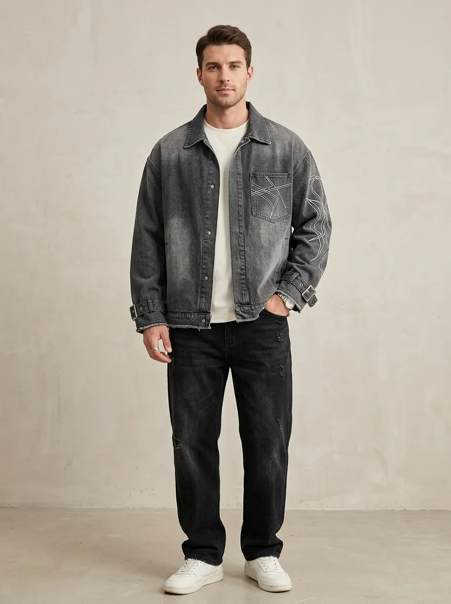 Men's Abstract Printed Graphic Denim Jacket