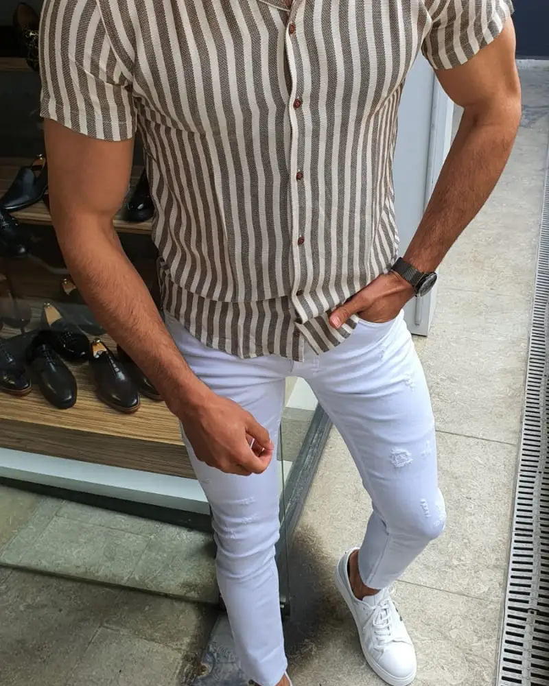 Modern Short Sleeve Slim Fit Striped Cotton Casual Shirt
