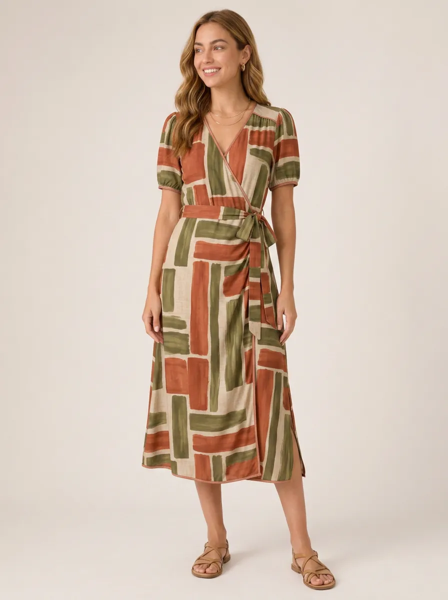 Women's Boho Style Geometric Block Printed Wrap Dress