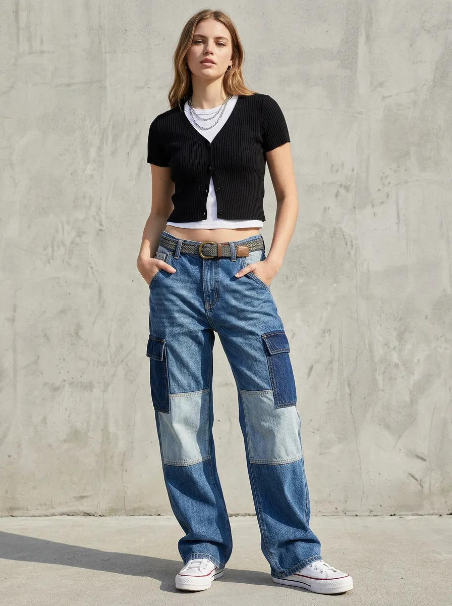 Women's Casual Streetwear Colorblock Patchwork Printed Cargo Jeans