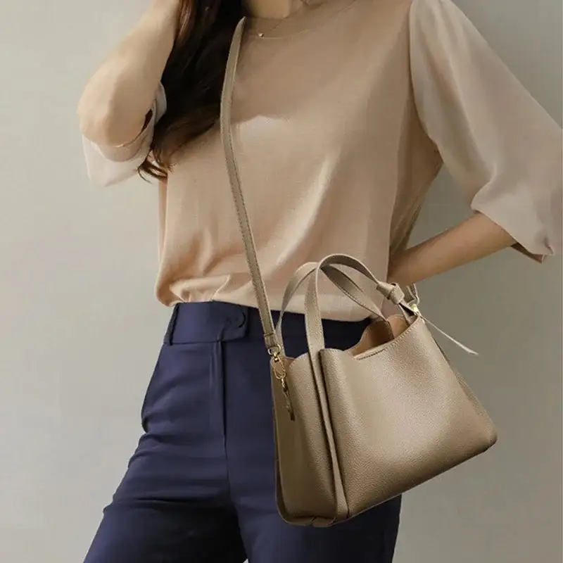 Minimalist Taupe Pebbled Leather Tote Bag