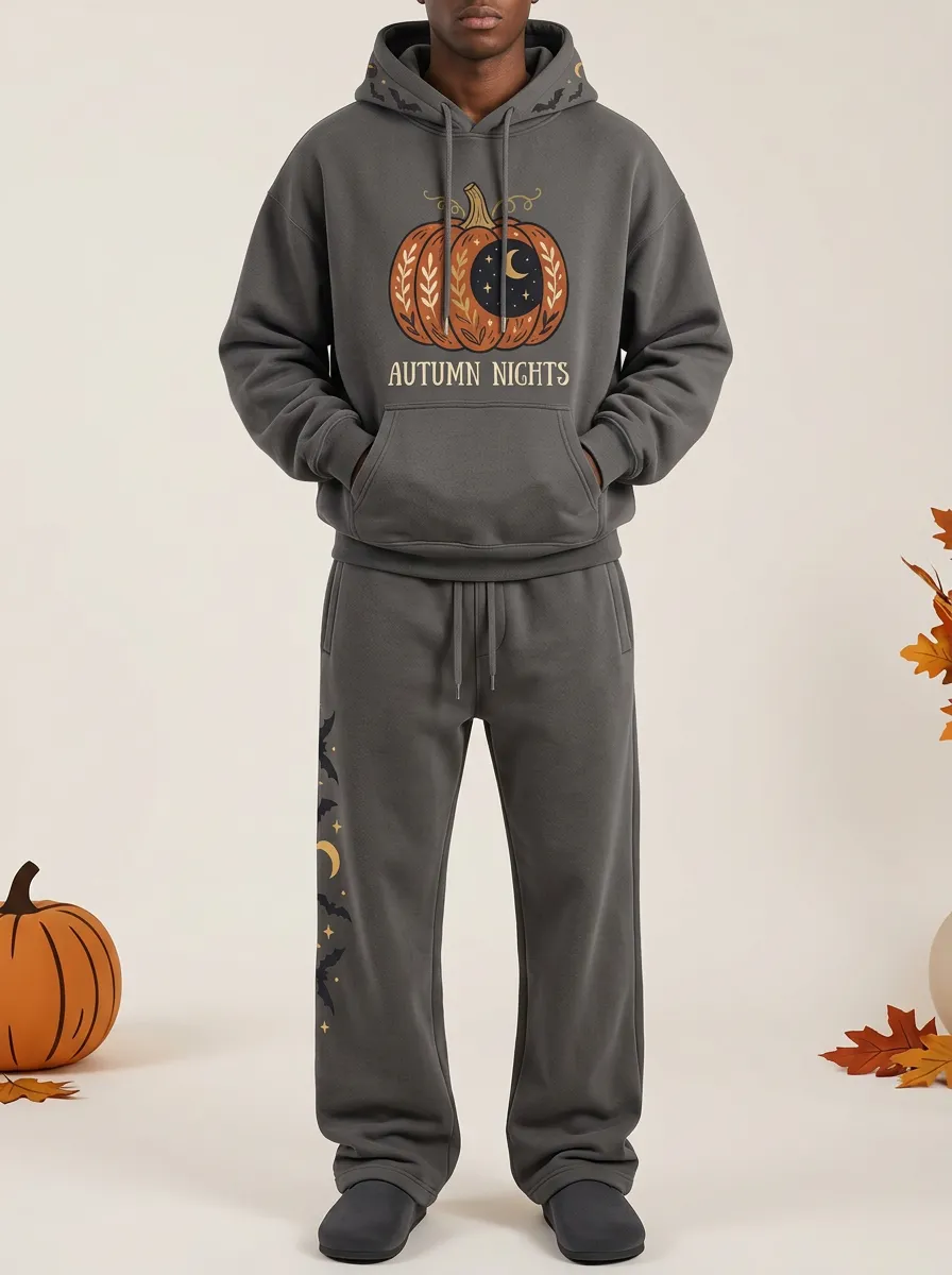 Men's Halloween Autumn Nights Pumpkin Moon Bat Printed Hoodie Pants Set