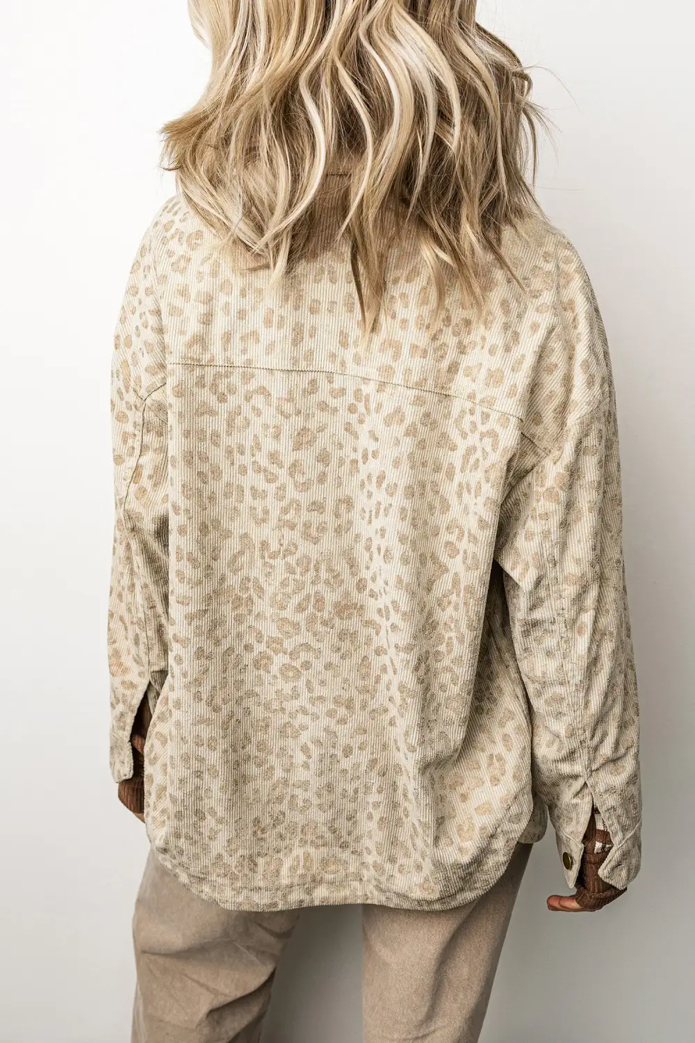 Women's Leopard Print Corduroy Shirt Collar Long Sleeve Regular Fit Jacket