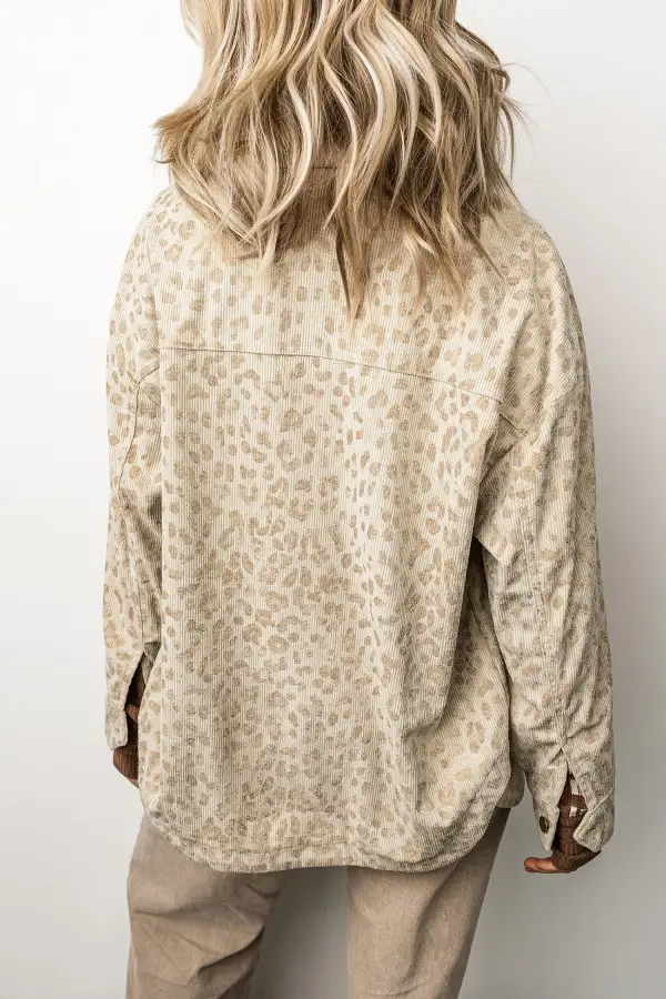 Women's Leopard Print Corduroy Shirt Collar Long Sleeve Regular Fit Jacket