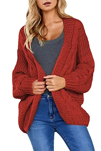 Womens Open Front Long Sleeve Chunky Knit Cardigan Sweaters Loose Outwear Coat