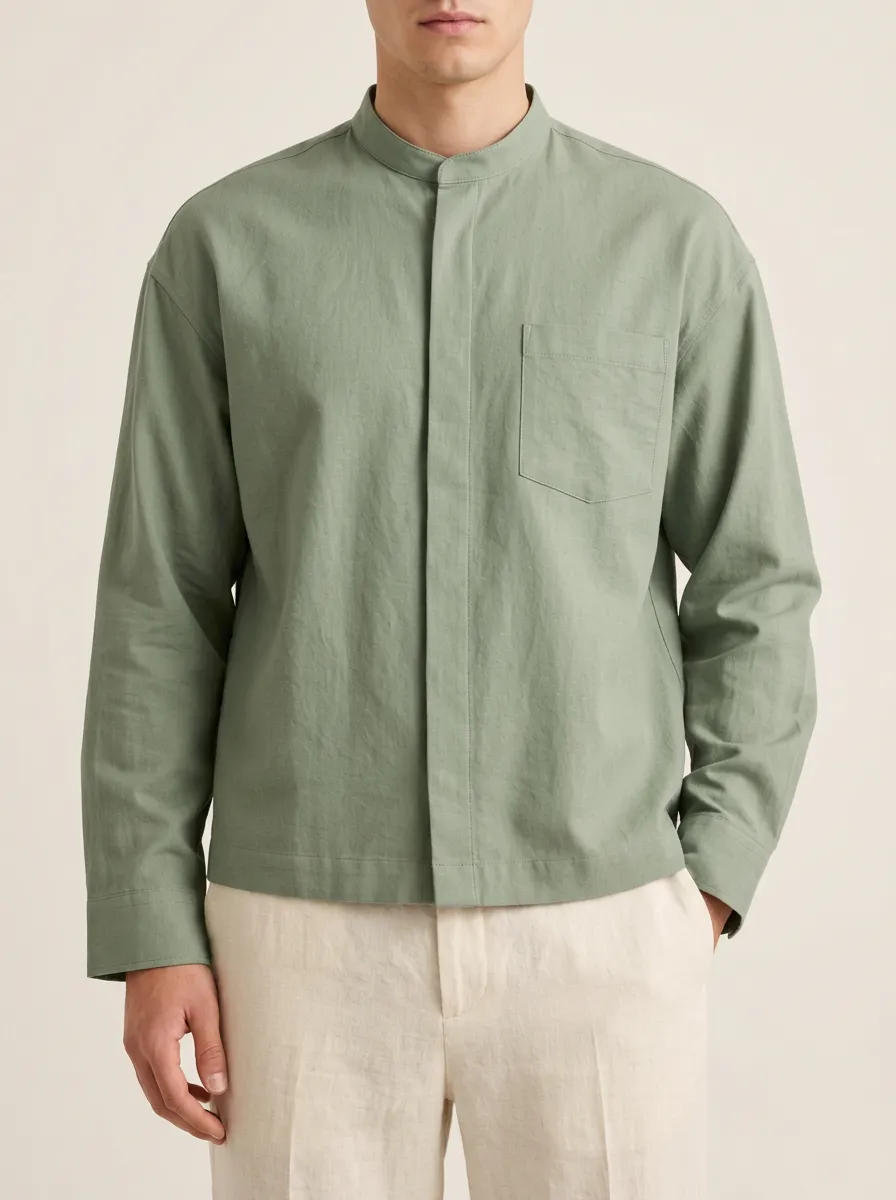 Unisex Sage Green Mandarin Collar Plain Shirt