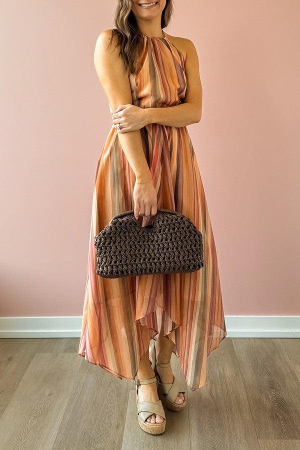 Orange Striped Halter Neck Maxi Dress