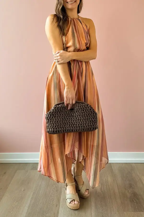 Orange Striped Halter Neck Maxi Dress