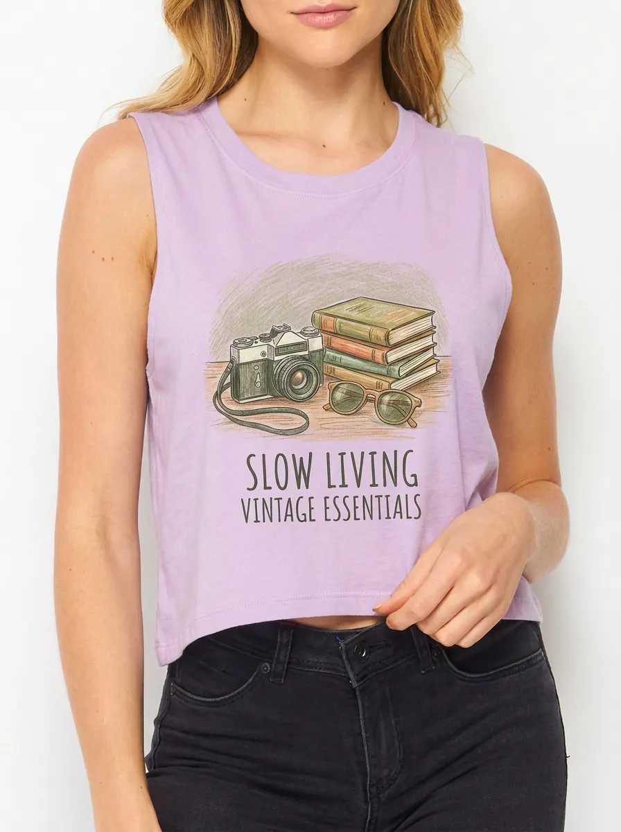 Women's Slow Living Book Camera Graphic Crop Tank Top