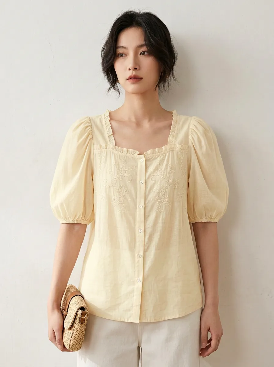 Embroidered Floral Button-Front Women's Puff-Sleeve Blouse
