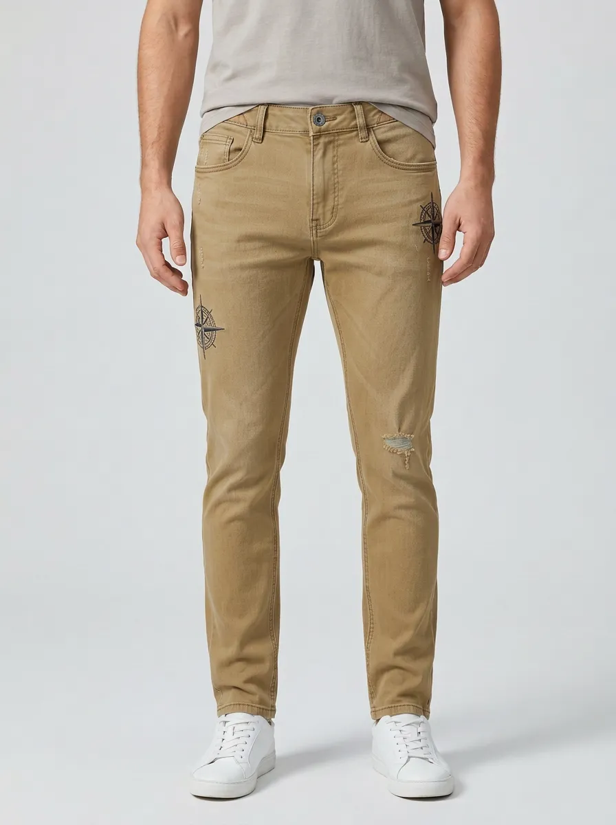 Men's Nautical Compass Adventure Printed Slim-Fit Jeans