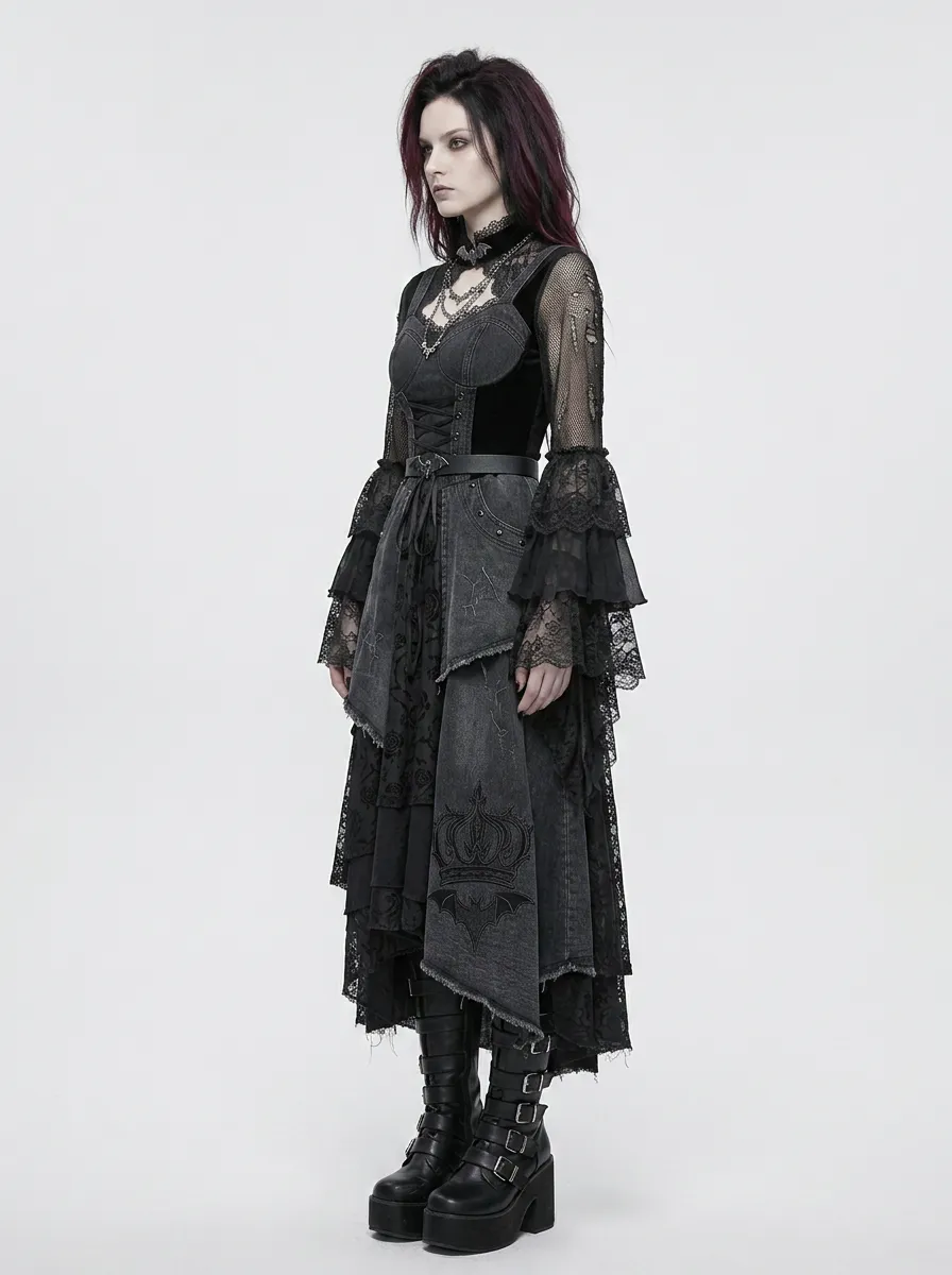 Women's Gothic Bat Crown Lace Printed Top