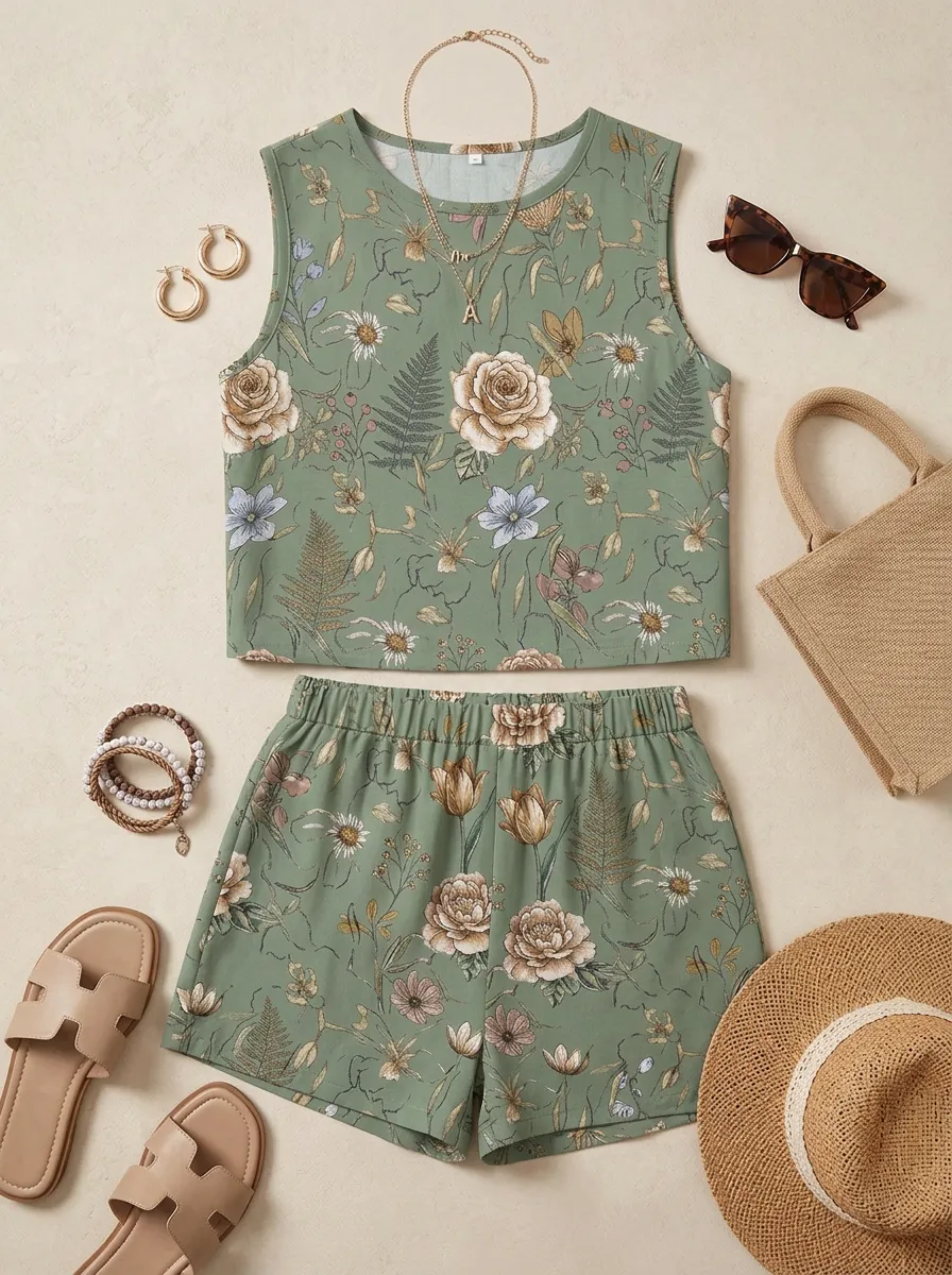 Women's Botanical Garden Floral Printed Sleeveless Short Set
