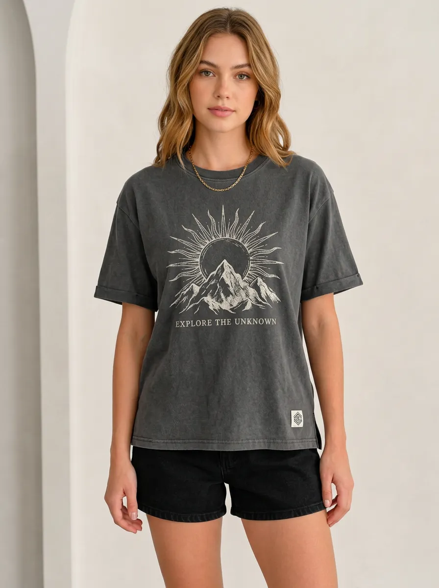 Women's Nature Adventure Explore The Unknown Mountain Sun Printed T-shirt
