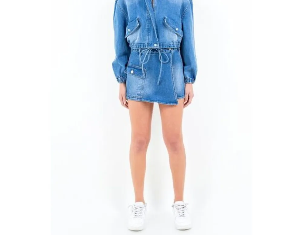 Plus Size Drop-Shoulder Cropped Denim Jacket with Waist Strap
