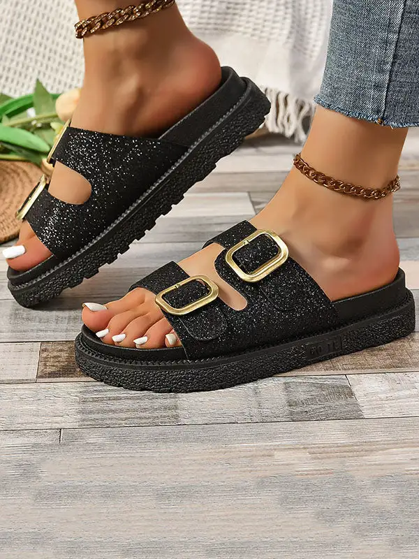 Buckle Cutout Open-Toe Polished Flat Sandals