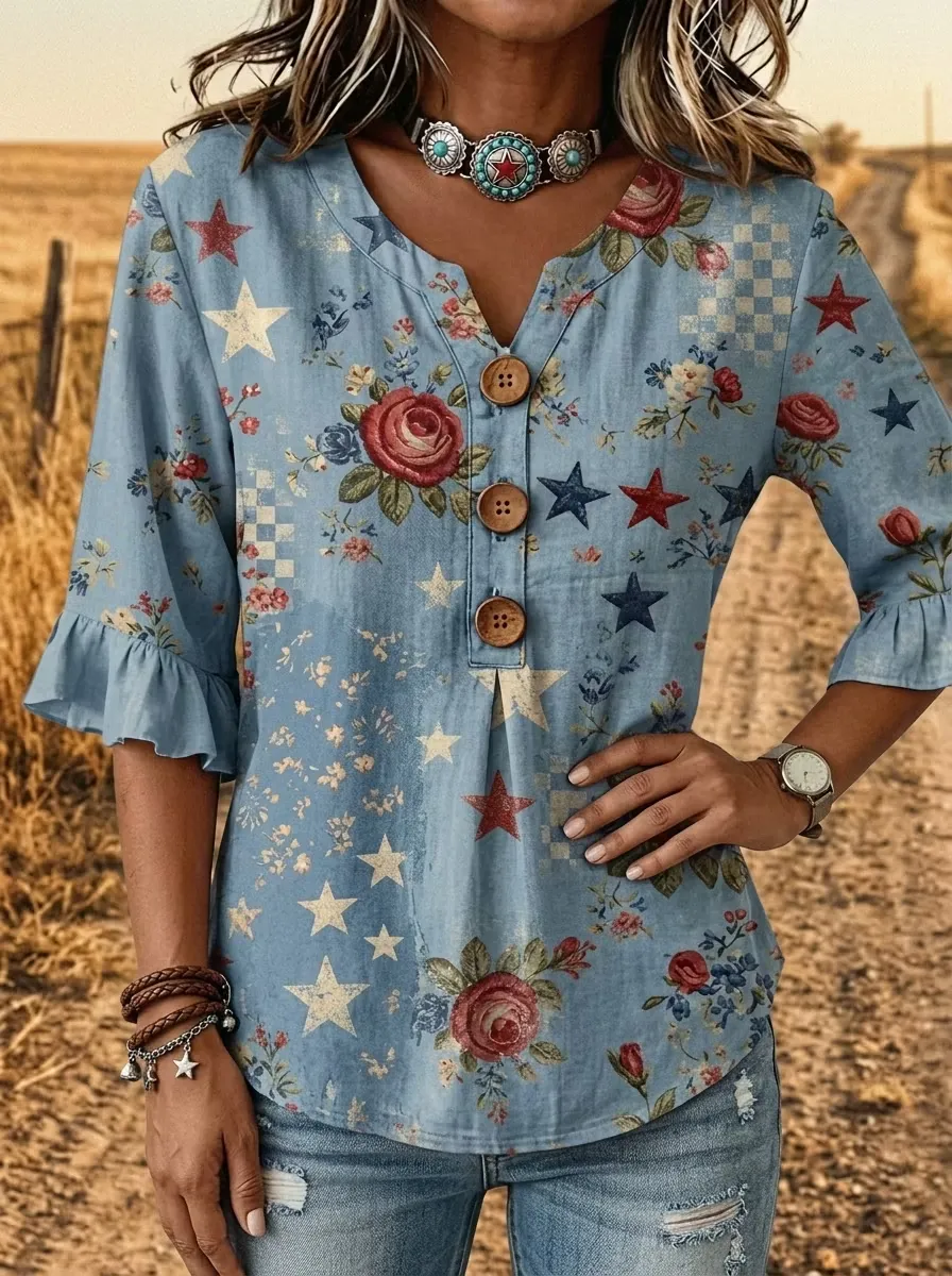 Vintage American Flag Art Print 3/4 Ruffle Sleeve Casual Shirt