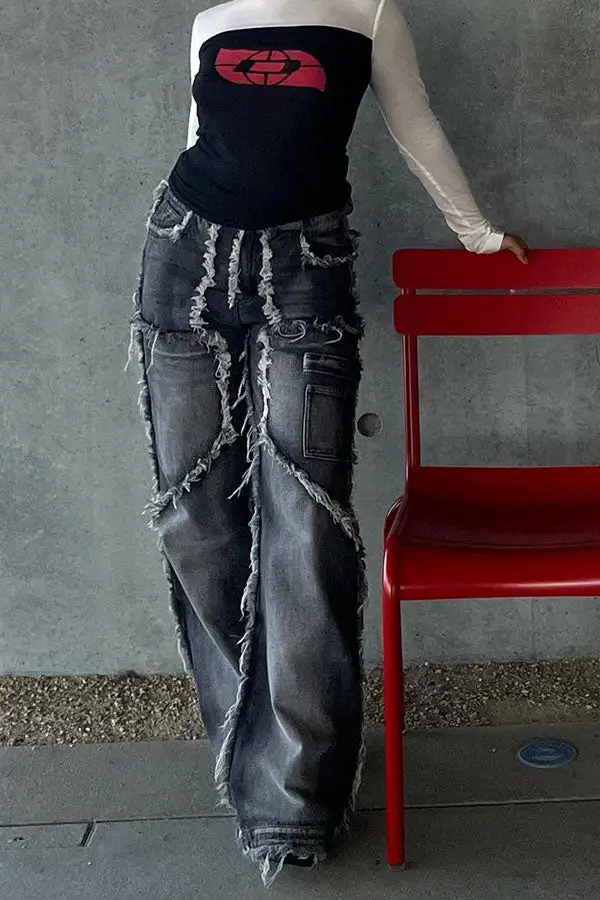 Grey High-Waist Tassel Jeans