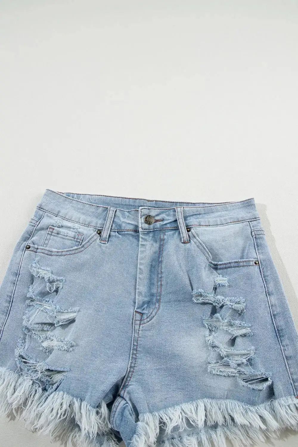 High Waist Pocketed Distressed Raw Hem Denim Shorts