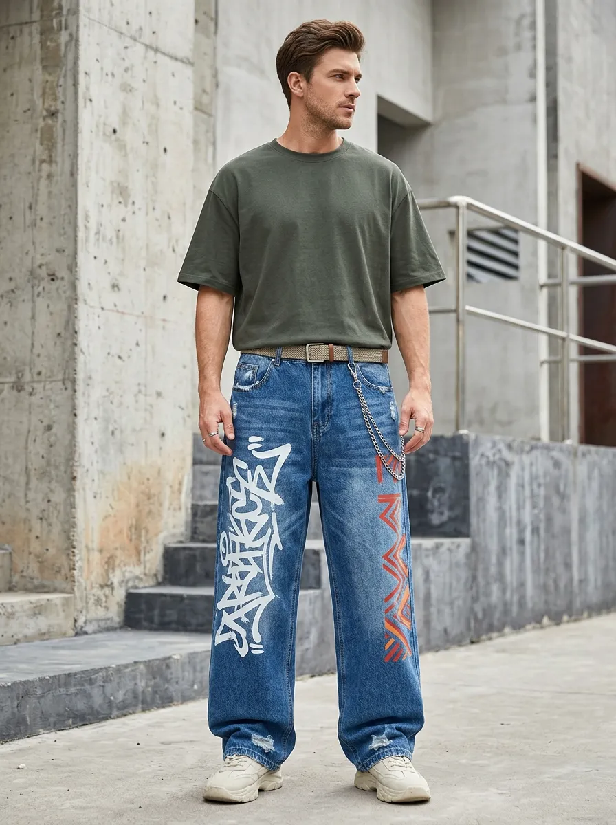 Men's Streetwear Graffiti Distressed Jeans