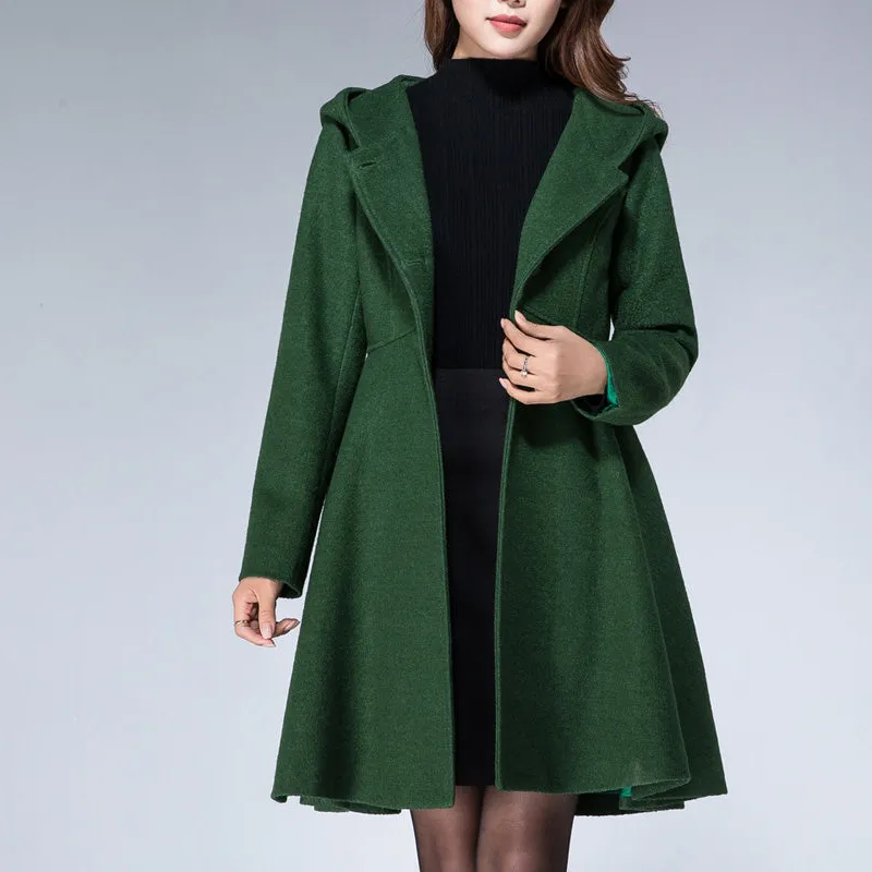Modern Wool Blend Fit and Flare Hooded Pocketed Coat