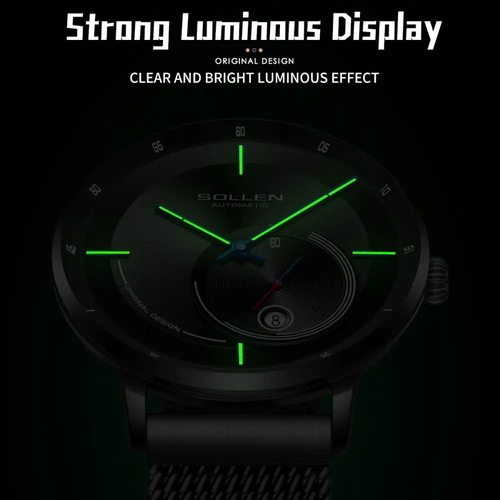 Sollen SL309 Men's Minimalist Automatic Mechanical Watch - 42mm Stainless Steel Case Slim 9.9mm Small Seconds Date Window Mesh Bracelet Wristwatch
