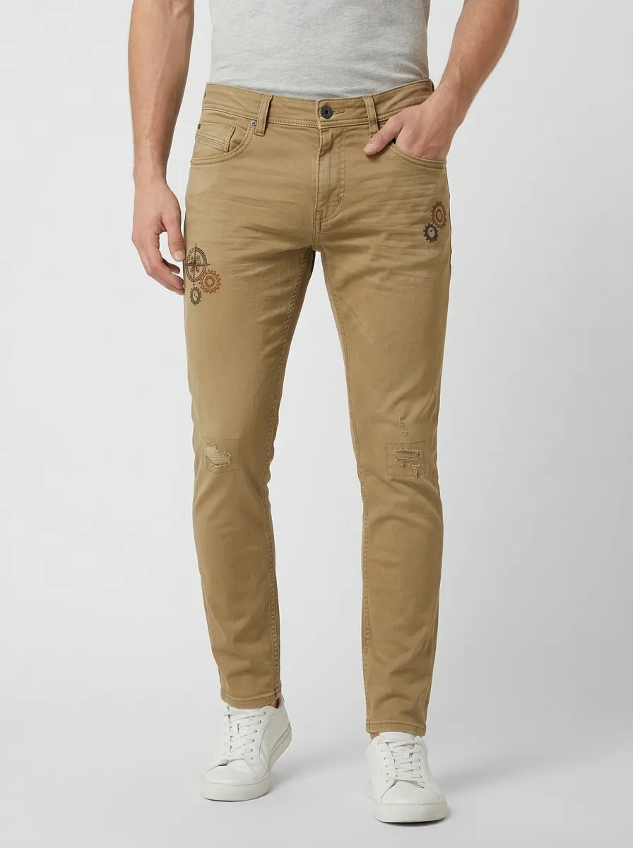 Men's Steampunk Gear Compass Embroidered Printed Slim-Fit Jeans