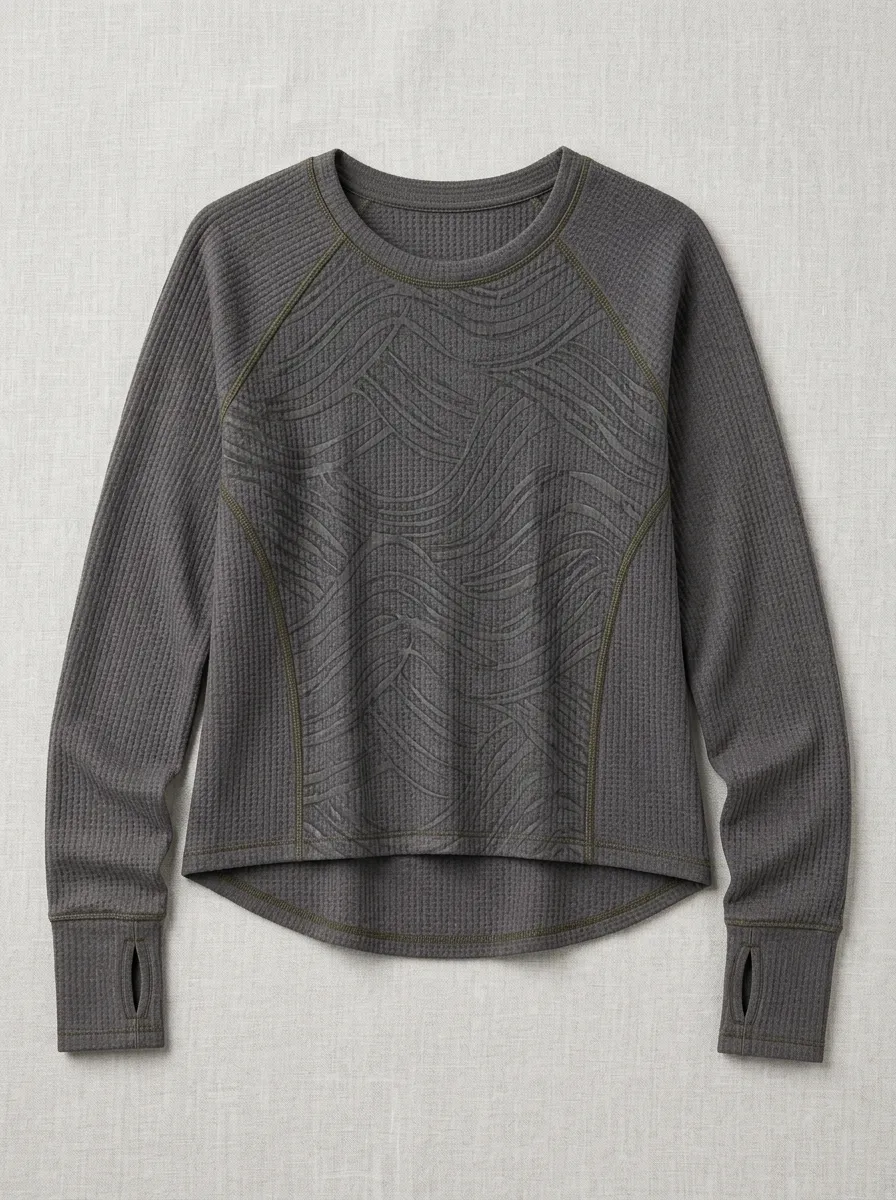 Women's Athletic Waffle Knit Abstract Wave Printed Long Sleeve Top