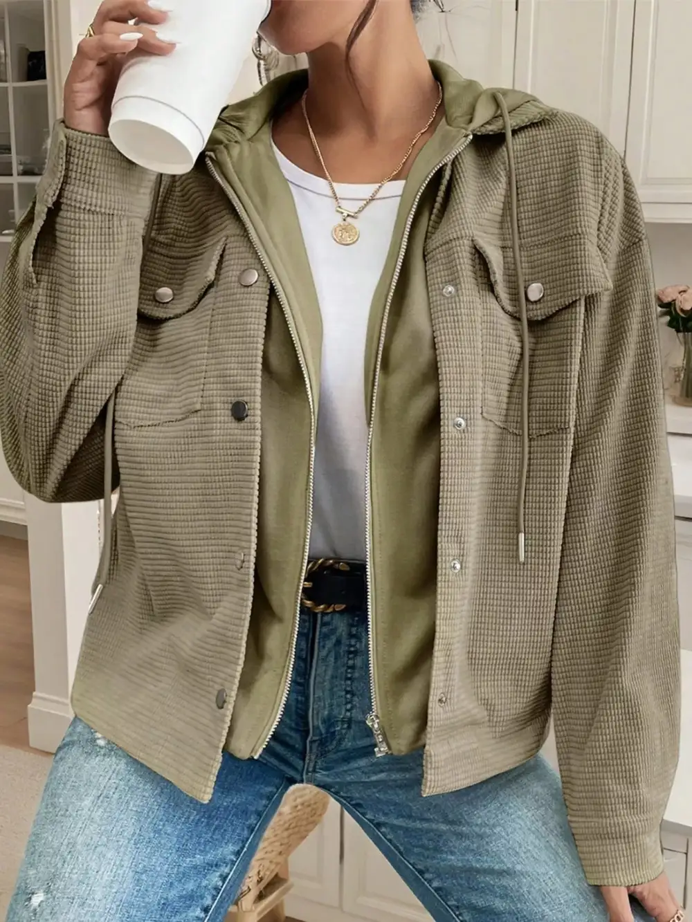 Thermal Knit Textured Hooded Jacket Easy Layering Piece