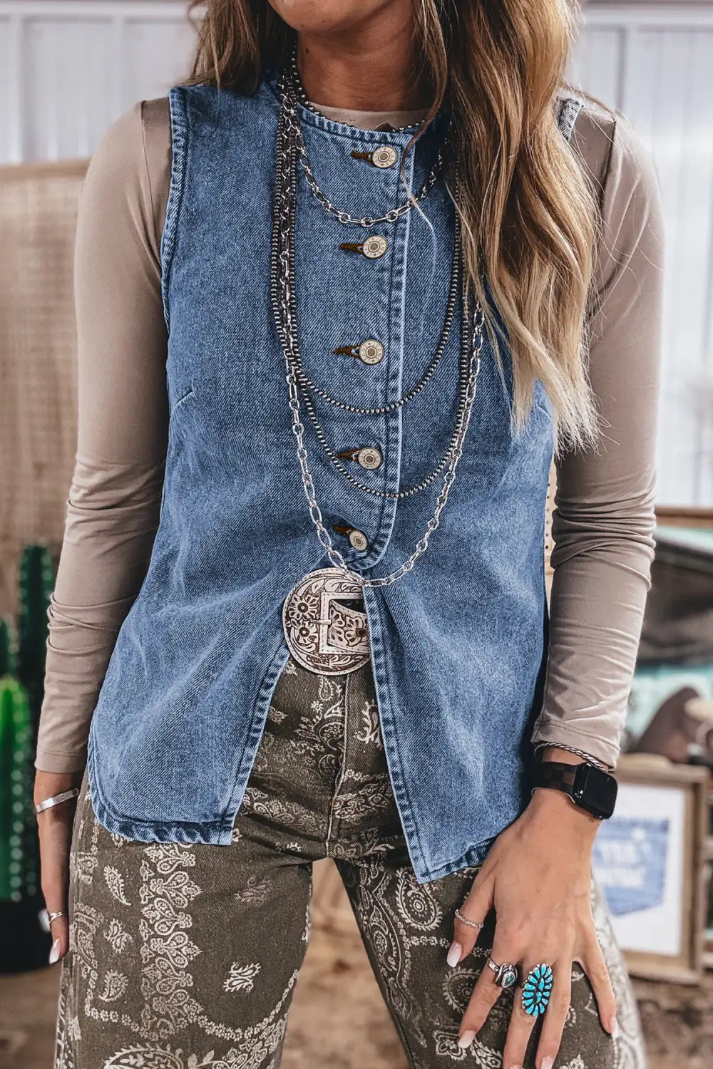 Button Front Slit Denim Vest