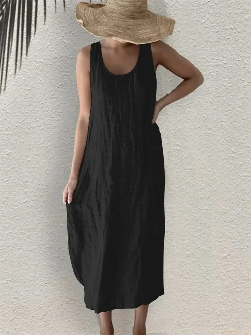Sleeveless Linen Blend Cotton Blend Midi Tie Detail Dress
