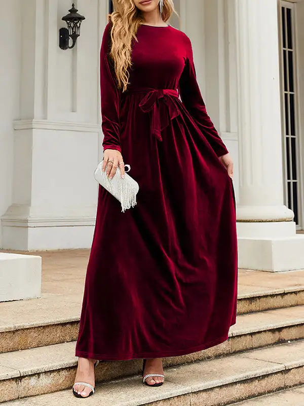 Pleated Wrap Belted Long Neck Maxi Dress