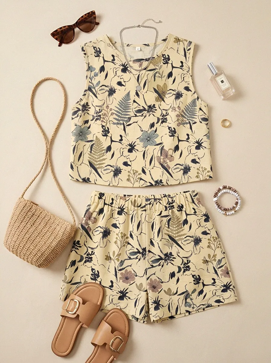 Women's Botanical Floral Fern Printed Sleeveless Shorts Set