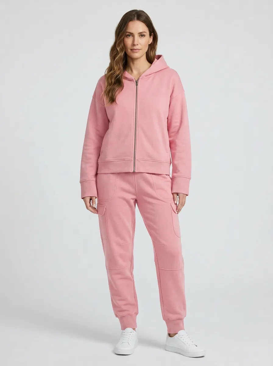 Women's Teal Solid Color Zip-up Hoodie and Cargo Jogger Set